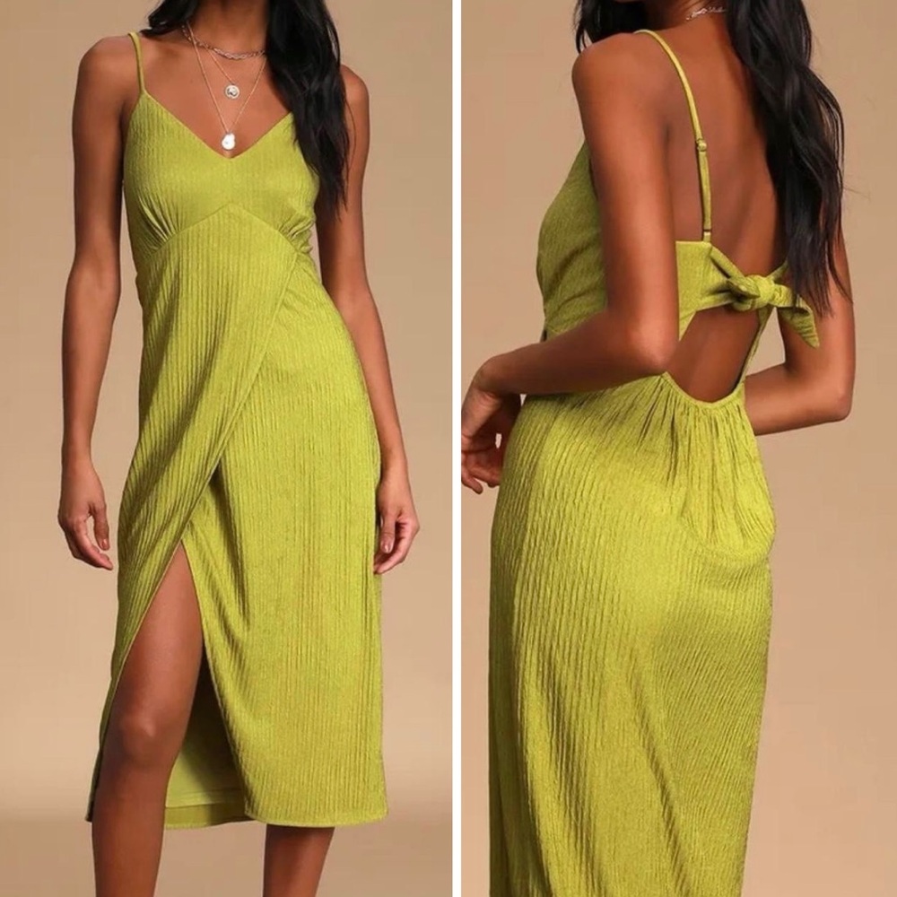 Lulus View and I Chartreuse Tie-Back Faux-Wrap Midi Dress Sz Medium Beach Vacay